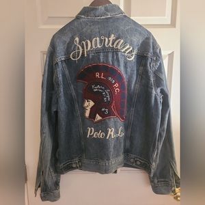 RALPH LAUREN POLO SPARTAN DENIM JACKET XL PATCH JEAN 67 RARE FOOTBALL VARSITY
